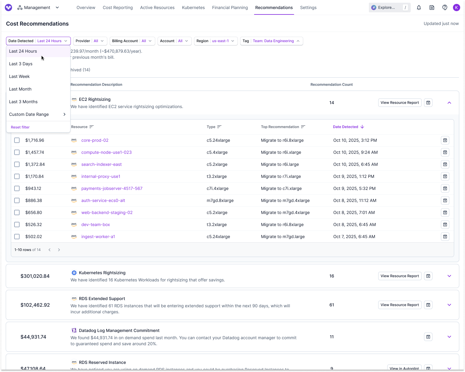 A list of cost recommendations in the console
