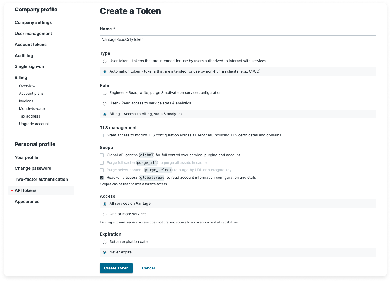 Fastly API token form