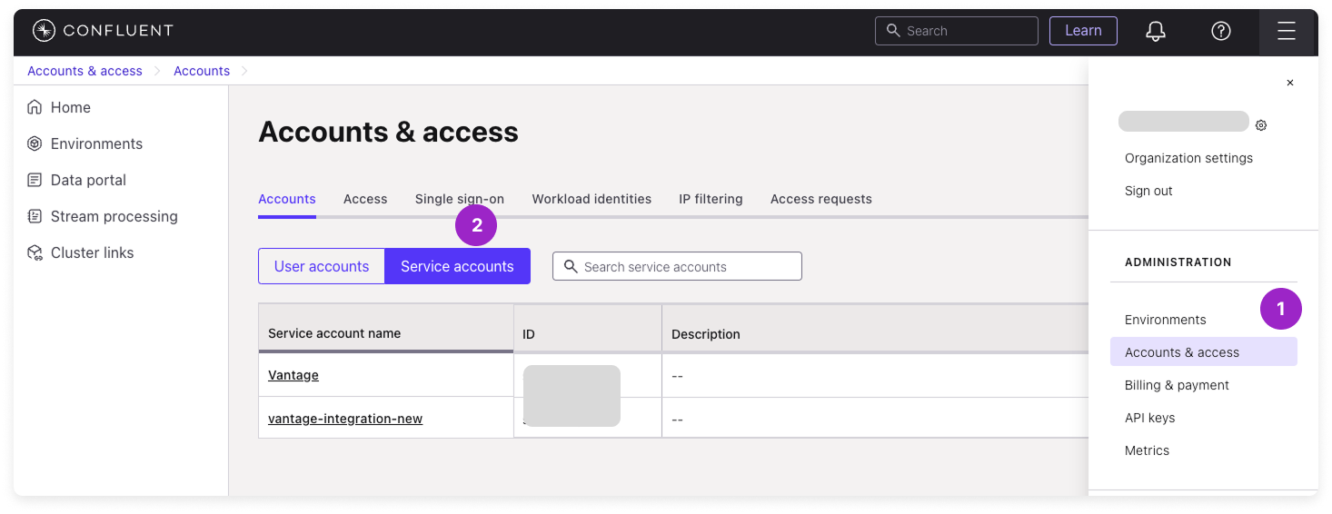 Confluent Account & access screen
