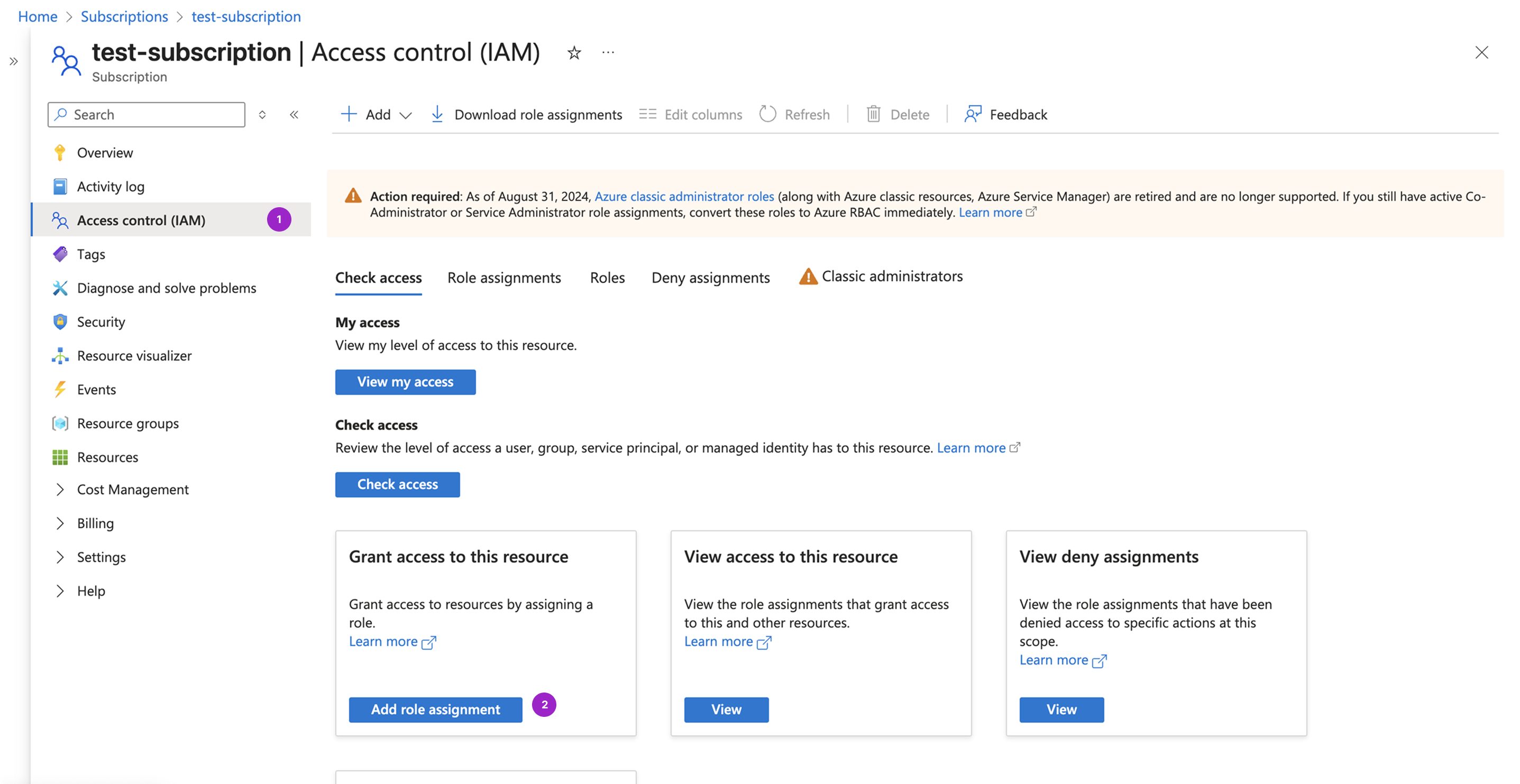Azure portal with subscription window open. The Access control tab is highlighted.