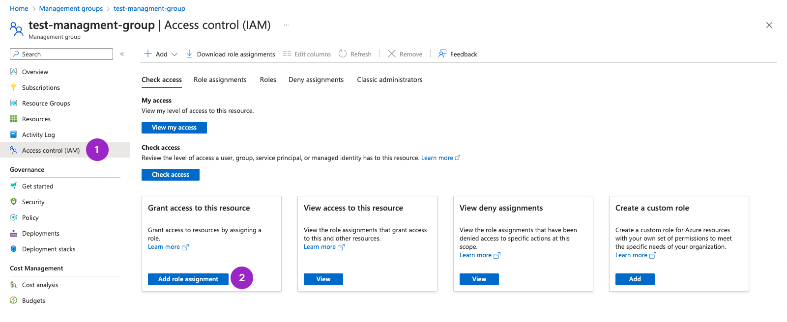 Azure portal with management group window open. The Access control tab is highlighted.