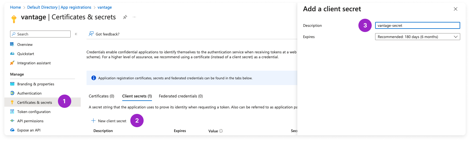 Azure portal with the Azure client secret window open and a new secreted created called vantage-secret