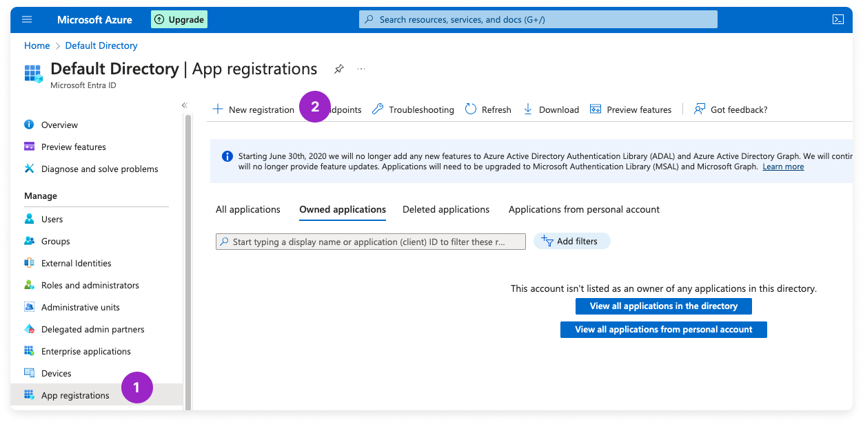 Azure portal with App Registration menu option selected