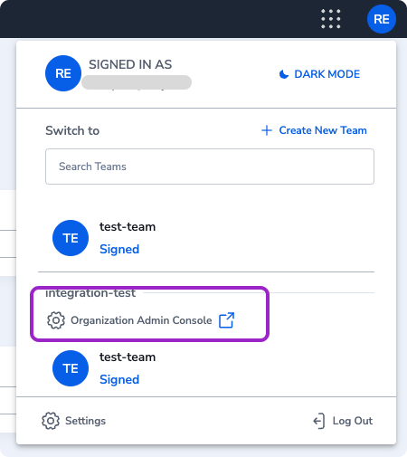 The Coralogix profile menu. A box is displayed around the Organization Admin Console option.