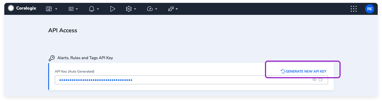 The Coralogix API Access screen. A box is displayed around the Generate New API Key option.
