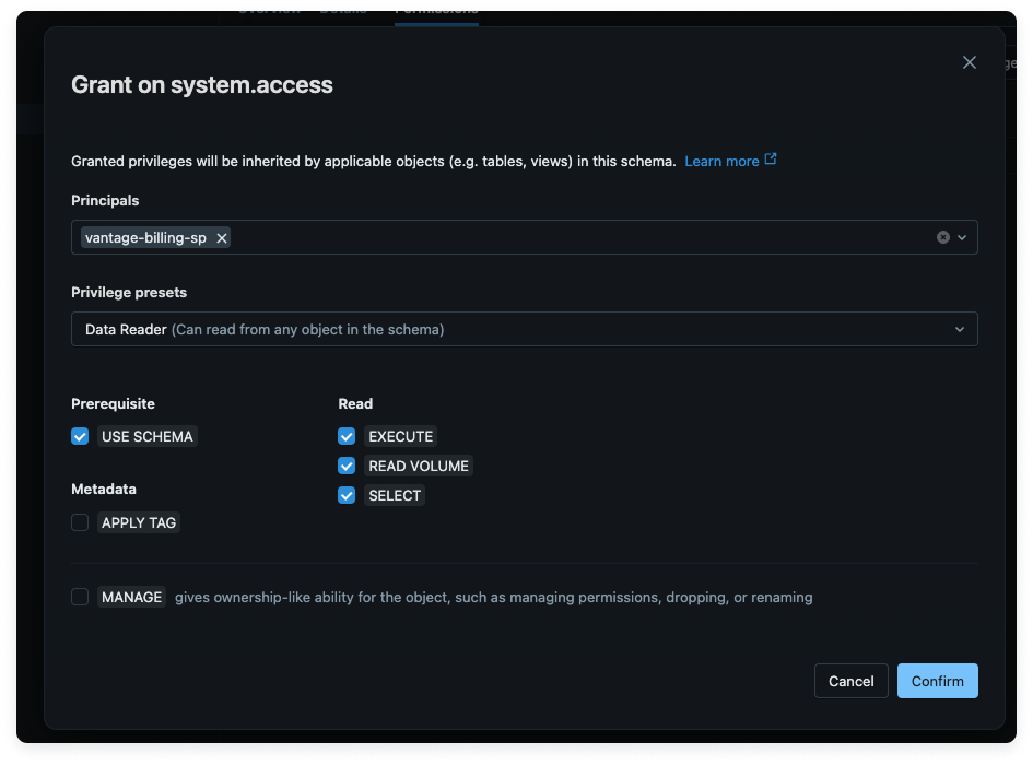Manage permissions for service principal