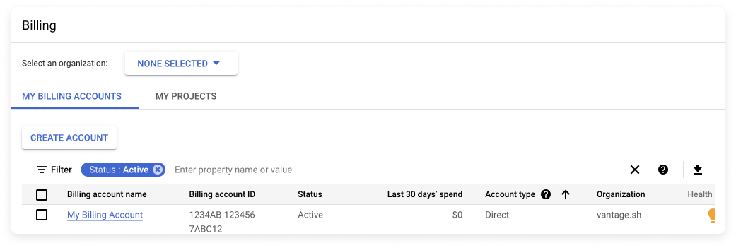 GCP Billing account ID screen