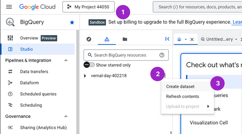 Create BigQuery dataset menu
