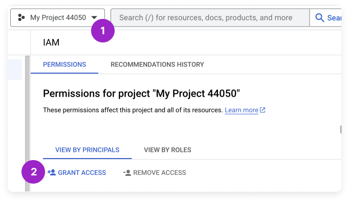 GCP project permissions menu