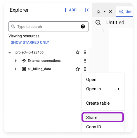 BigQuery share dataset menu