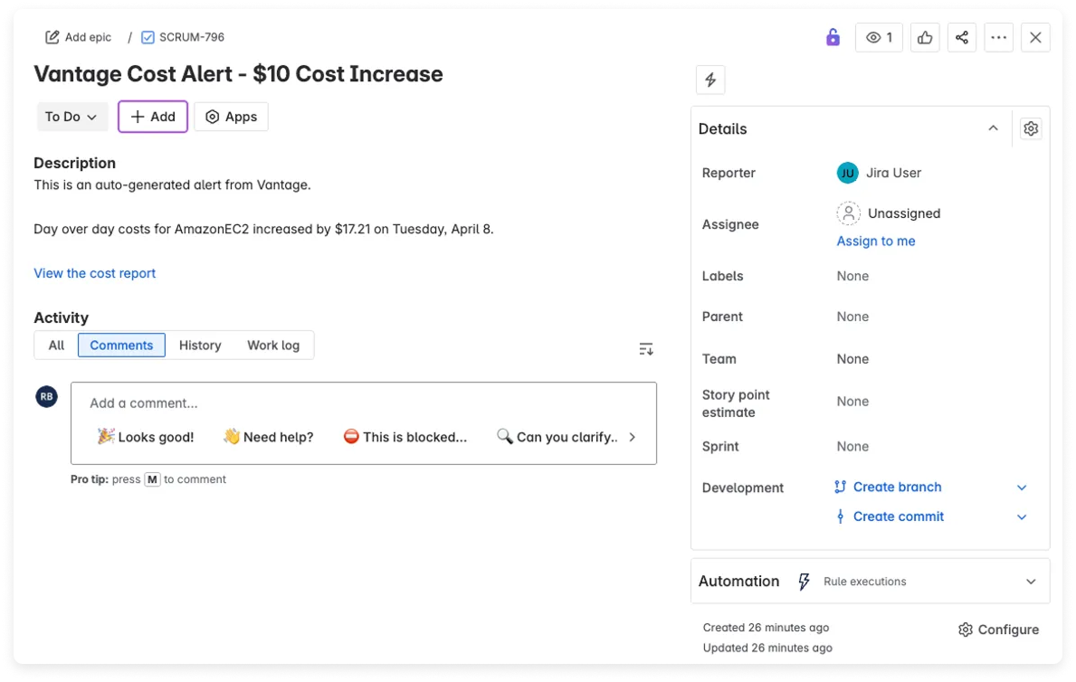 Example Jira notification for Cost Alerts