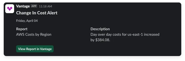 Example Slack notification for Cost Alerts