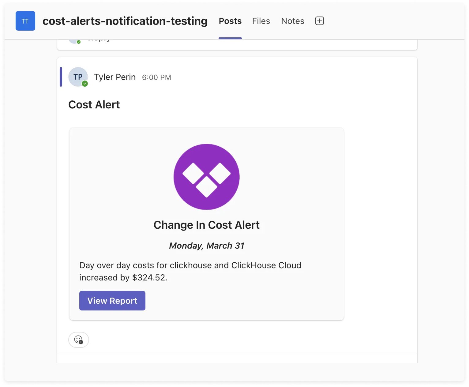 Example MS Teams notification for Cost Alerts