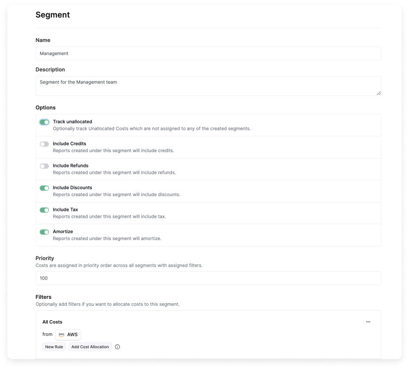 The segment creation screen with all cost filters displayed for the segment.