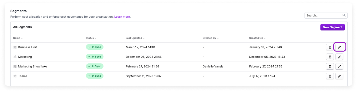 The Segments screen with a list of segments. A box is displayed around the pencil icon where you can edit the segment's settings.