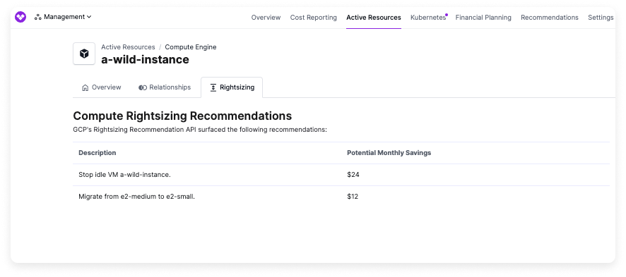 A set of GCP rightsizing recommendations in the console