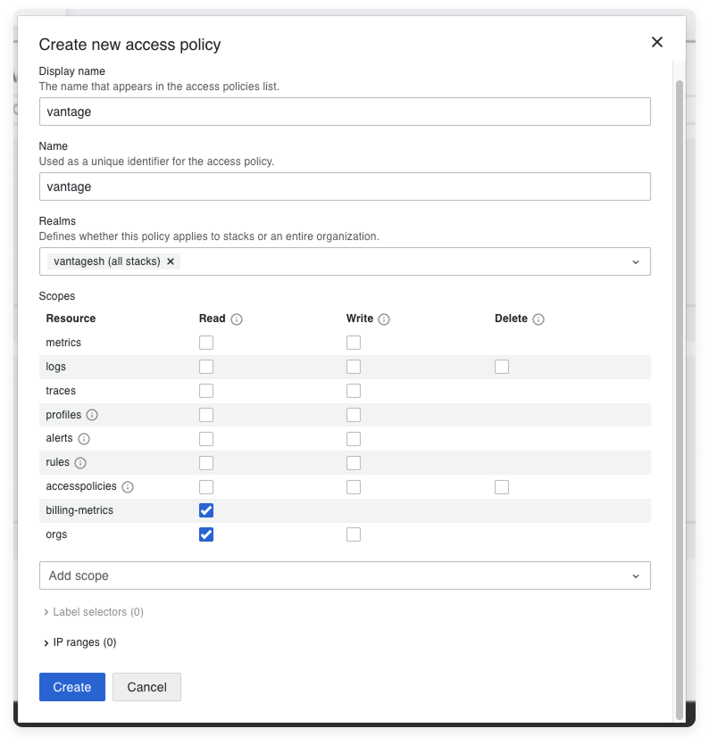 Grafana cloud access policy screen