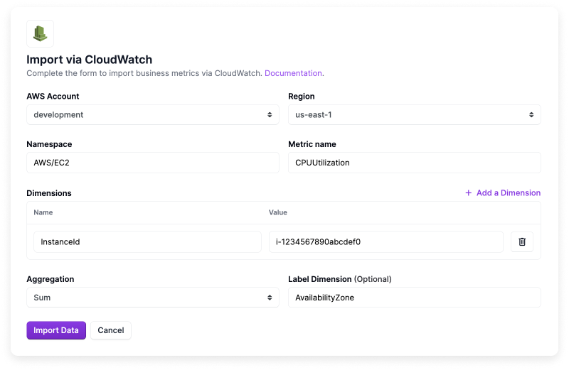 The CloudWatch metrics import screen with data added to each field