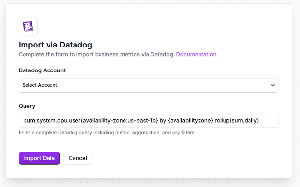 The Datadog metrics import screen with data added to each field