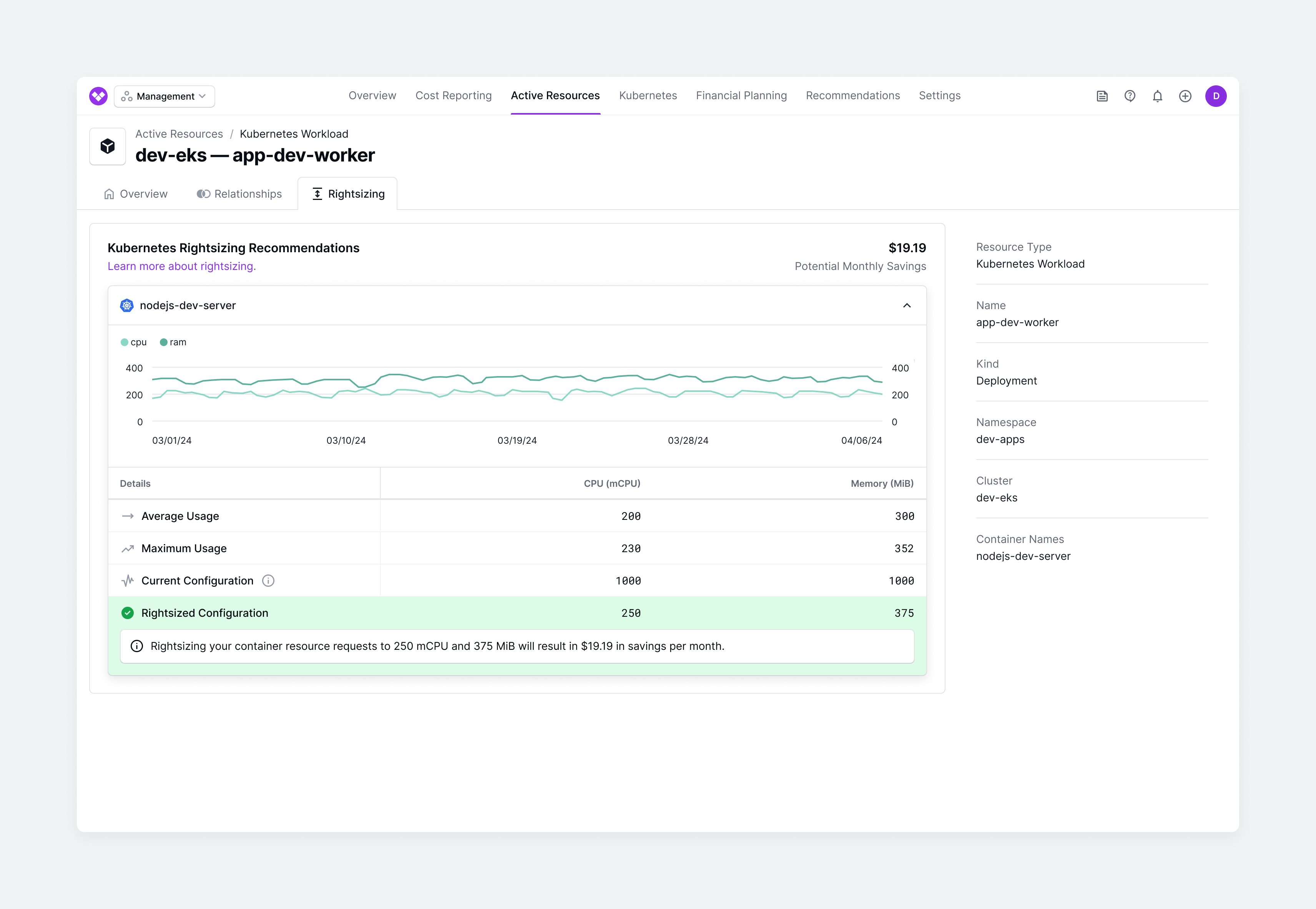 The Kubernetes Rightsizing UI with a sample recommendation displayed