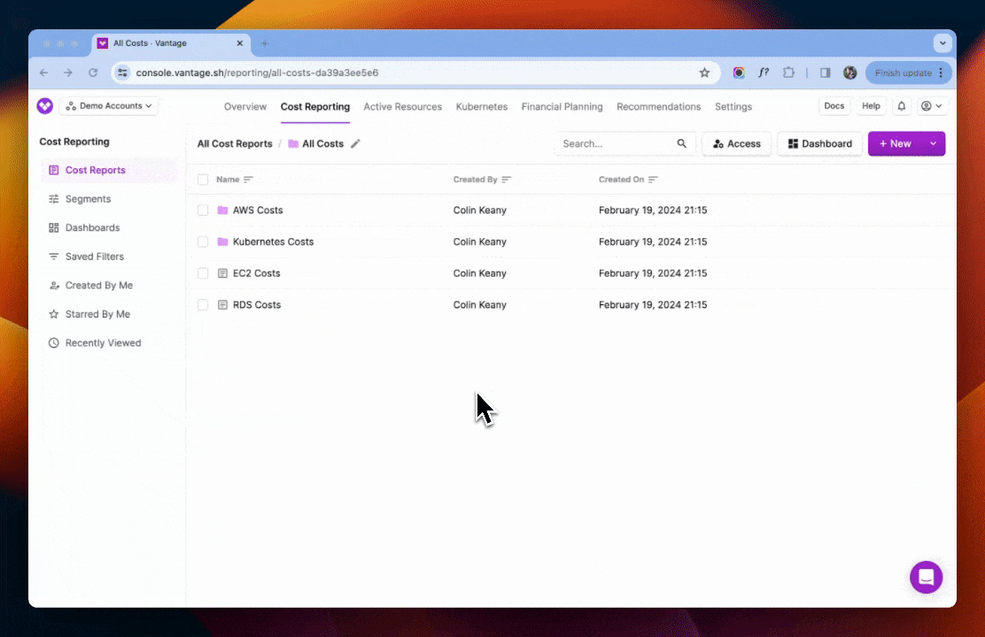GIF of moving a Cost Report from the main reports screen to a specific folder