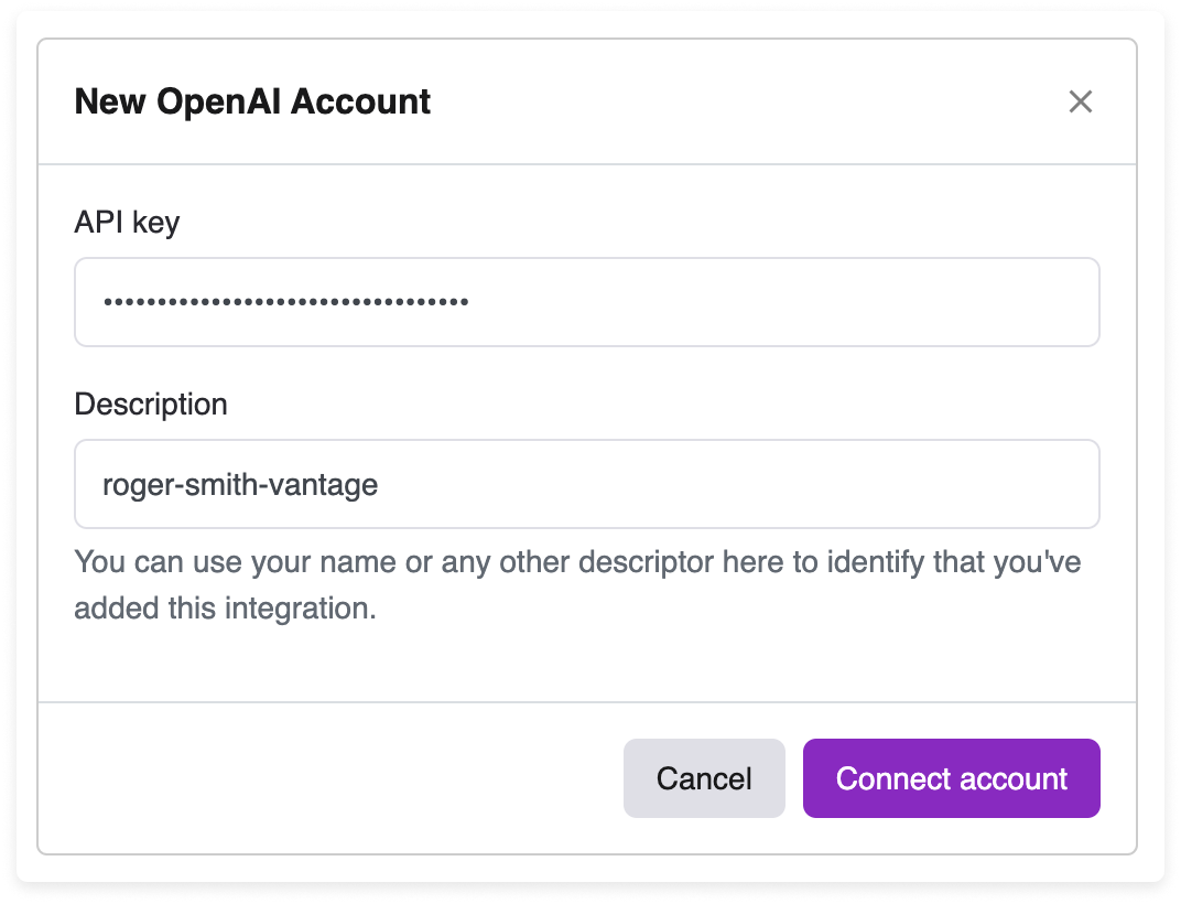 The API key account modal in the Vantage console with sample data added