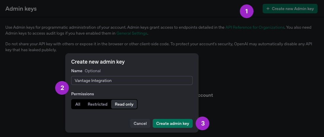 Create API key modal with a number 1 next to the Create new secret key button and number 2 next to the input field for the key name