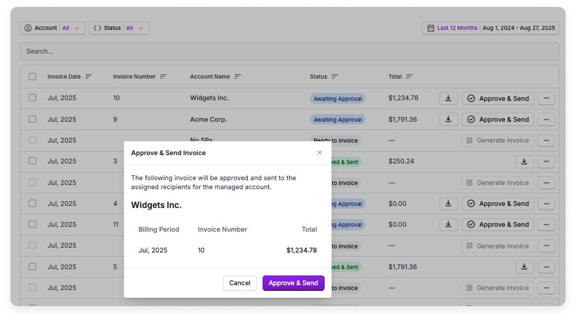 Two invoices in the Approve & Send state