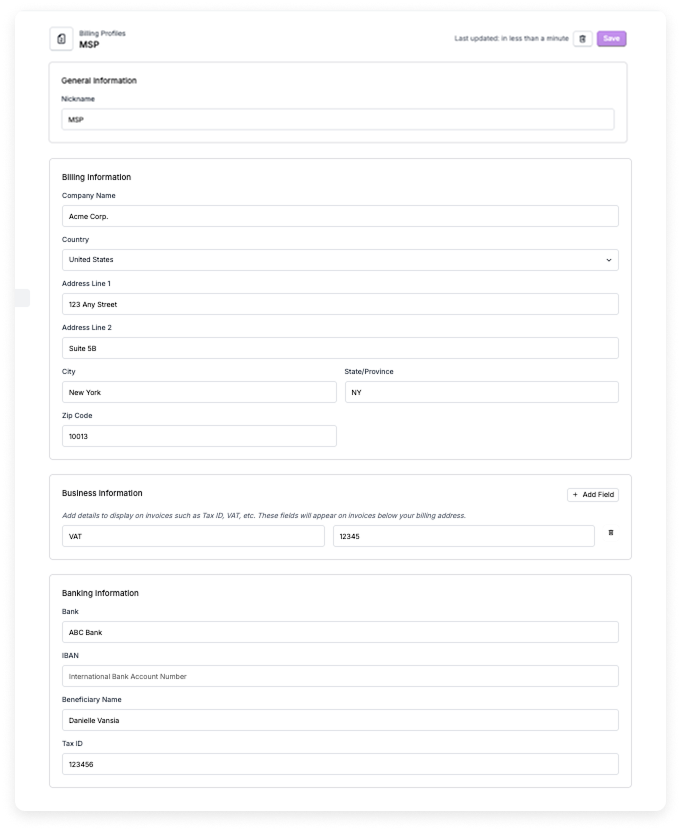 MSP billing profile screen