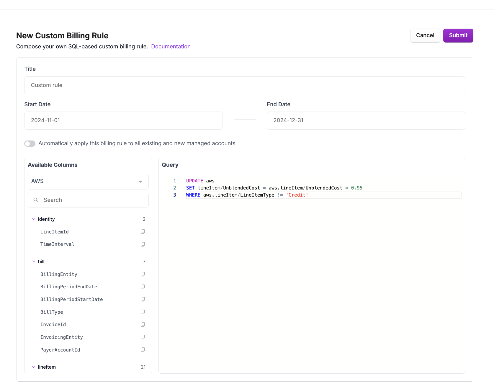 Creating a custom billing rule