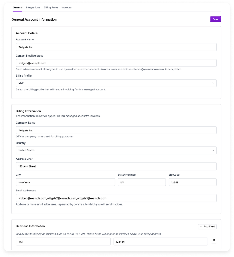 Managed account billing info