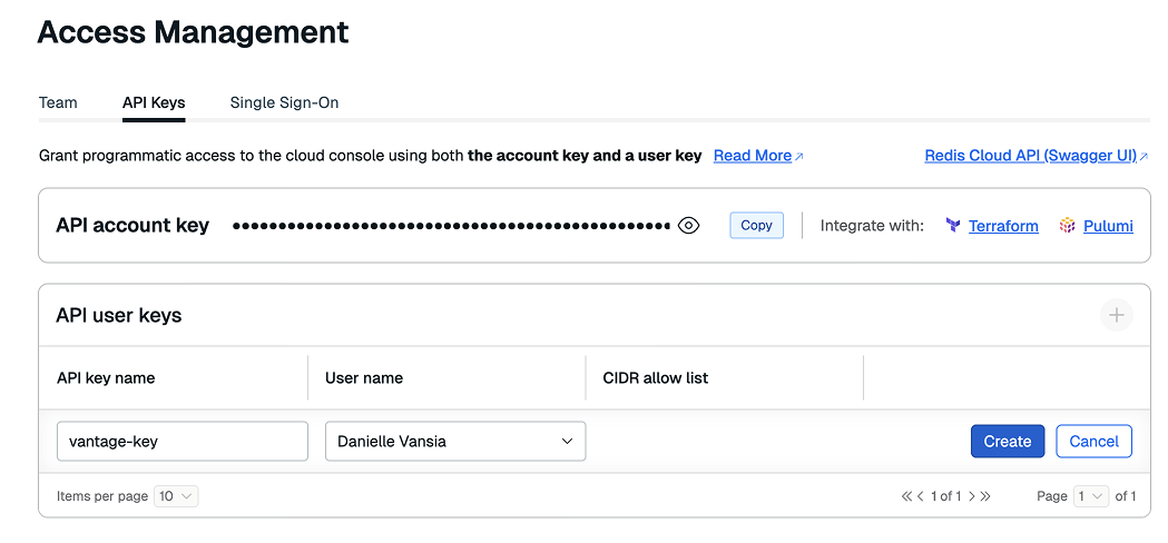Redis API user keys section