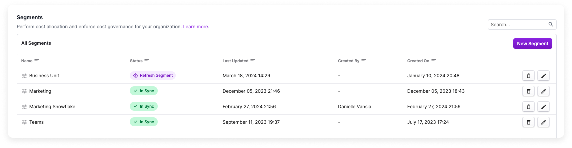 The Segments screen is displayed with a list of segments. The Status of the first segment is displayed with the Refresh Segment icon.
