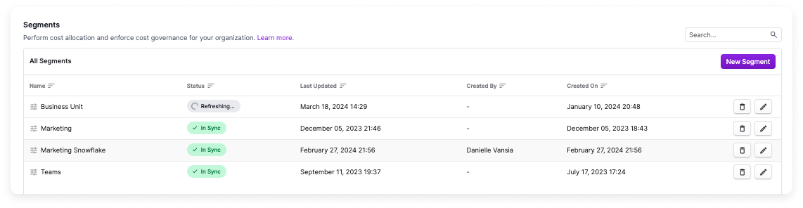 The Segments screen is displayed with a list of segments. The Status of the first segment is displayed with the Refreshing... icon.