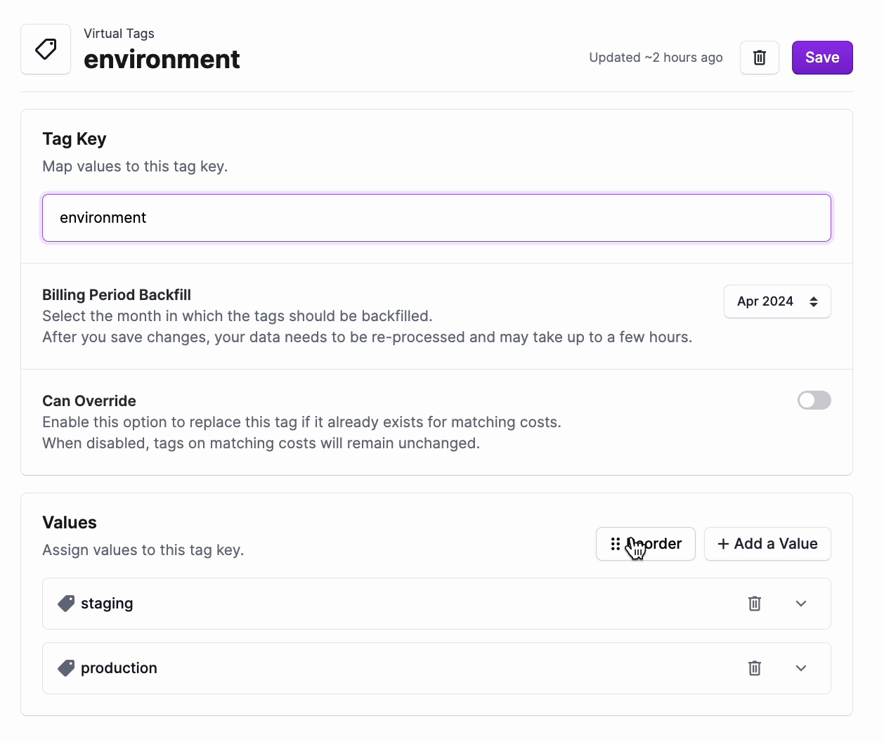 GIF of two tag values, staging and production, being reordered in the Tags UI