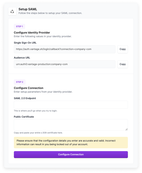 Configuration for SAML SSO integration in Vantage console