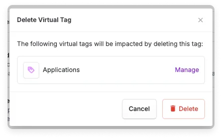 Modal that's displayed indicating if you delete a nested virtual tag that it will affect other connected tags