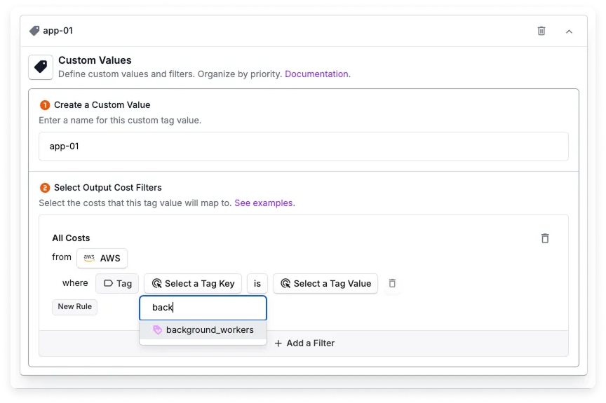 The virtual tag screen selecting an existing virtual tag in the filter for a new tag value