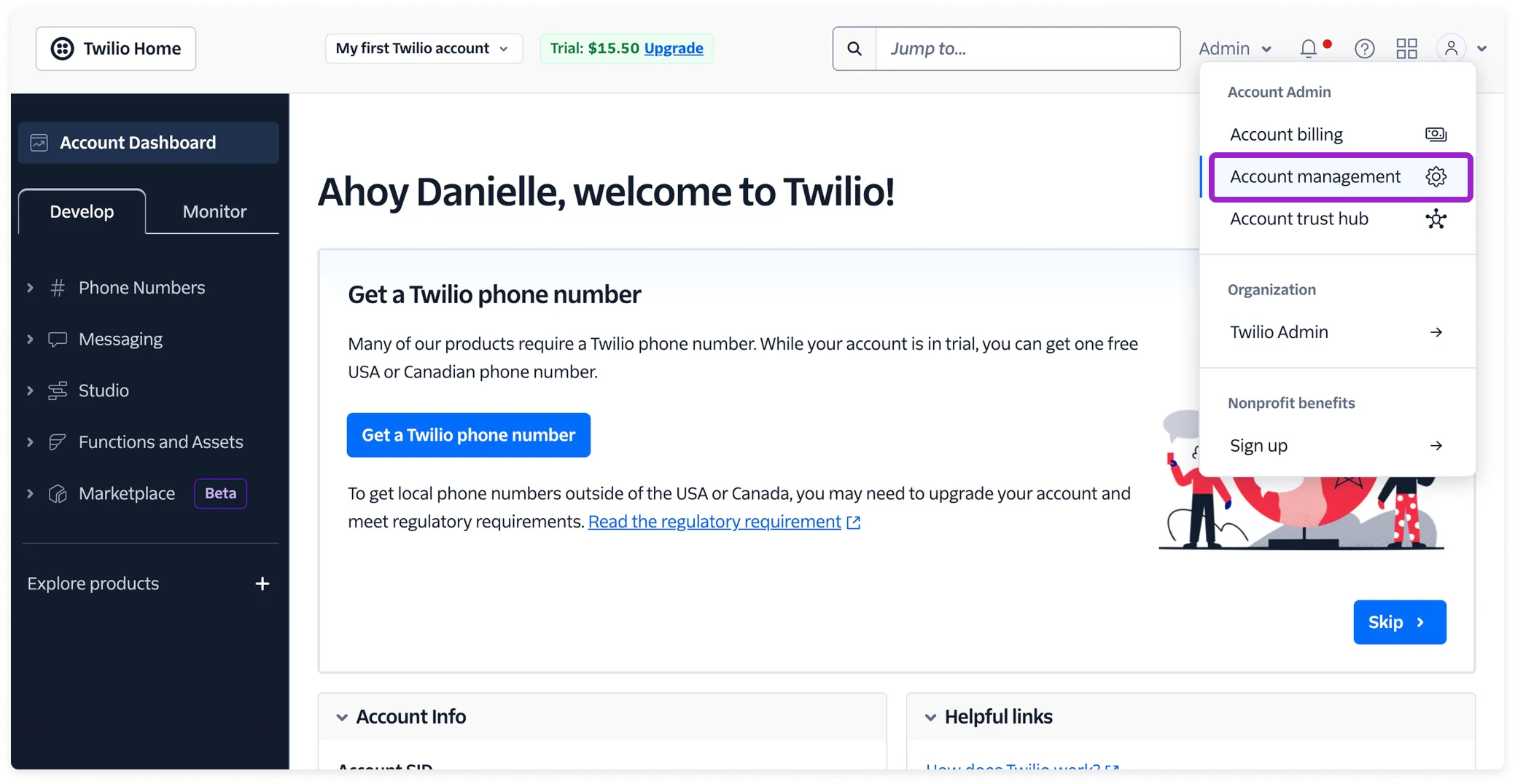 Twilio console Account Management