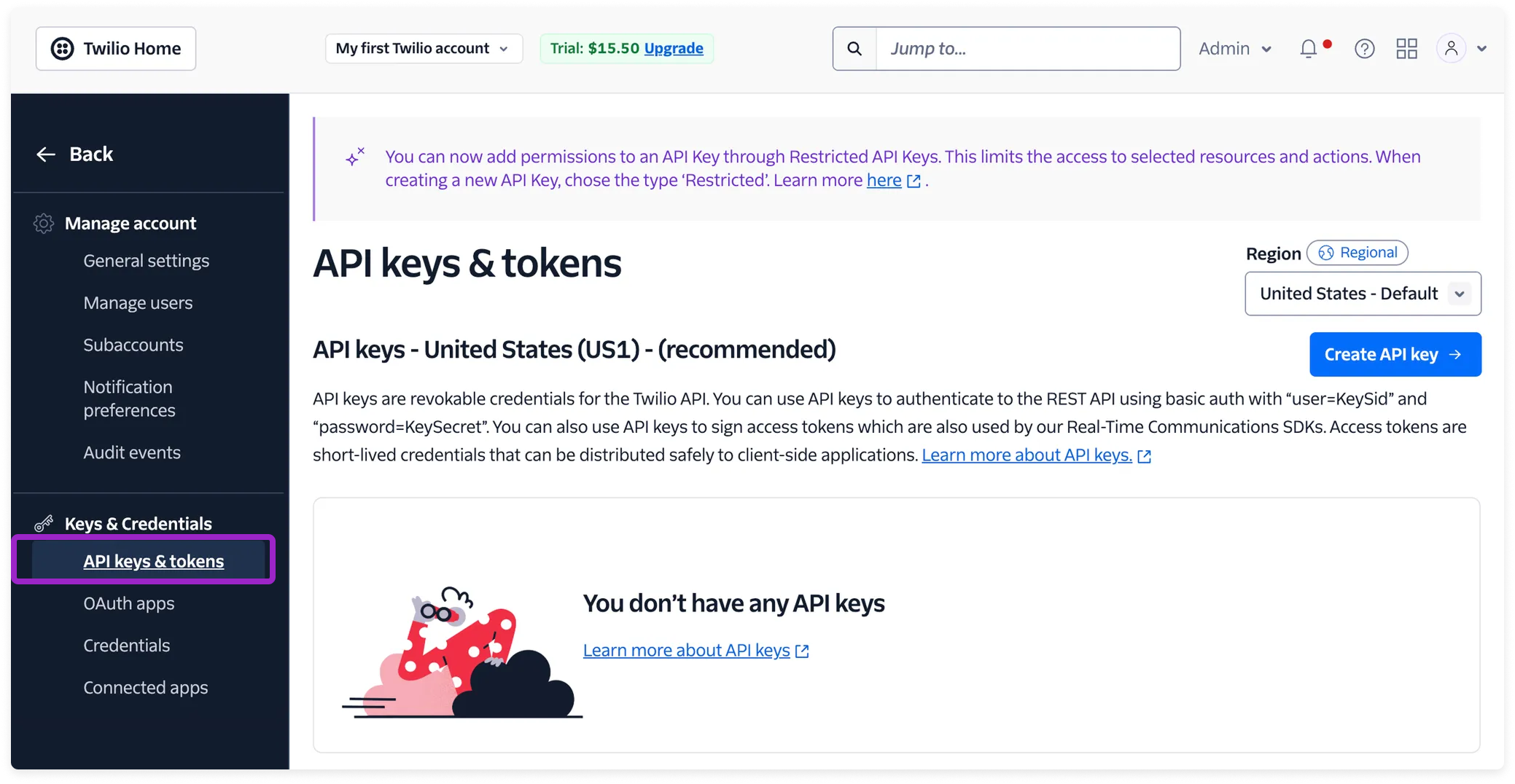 Twilio console Create API screen