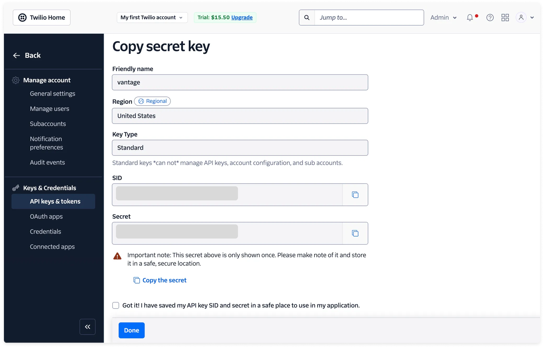 Twilio console copy key screen
