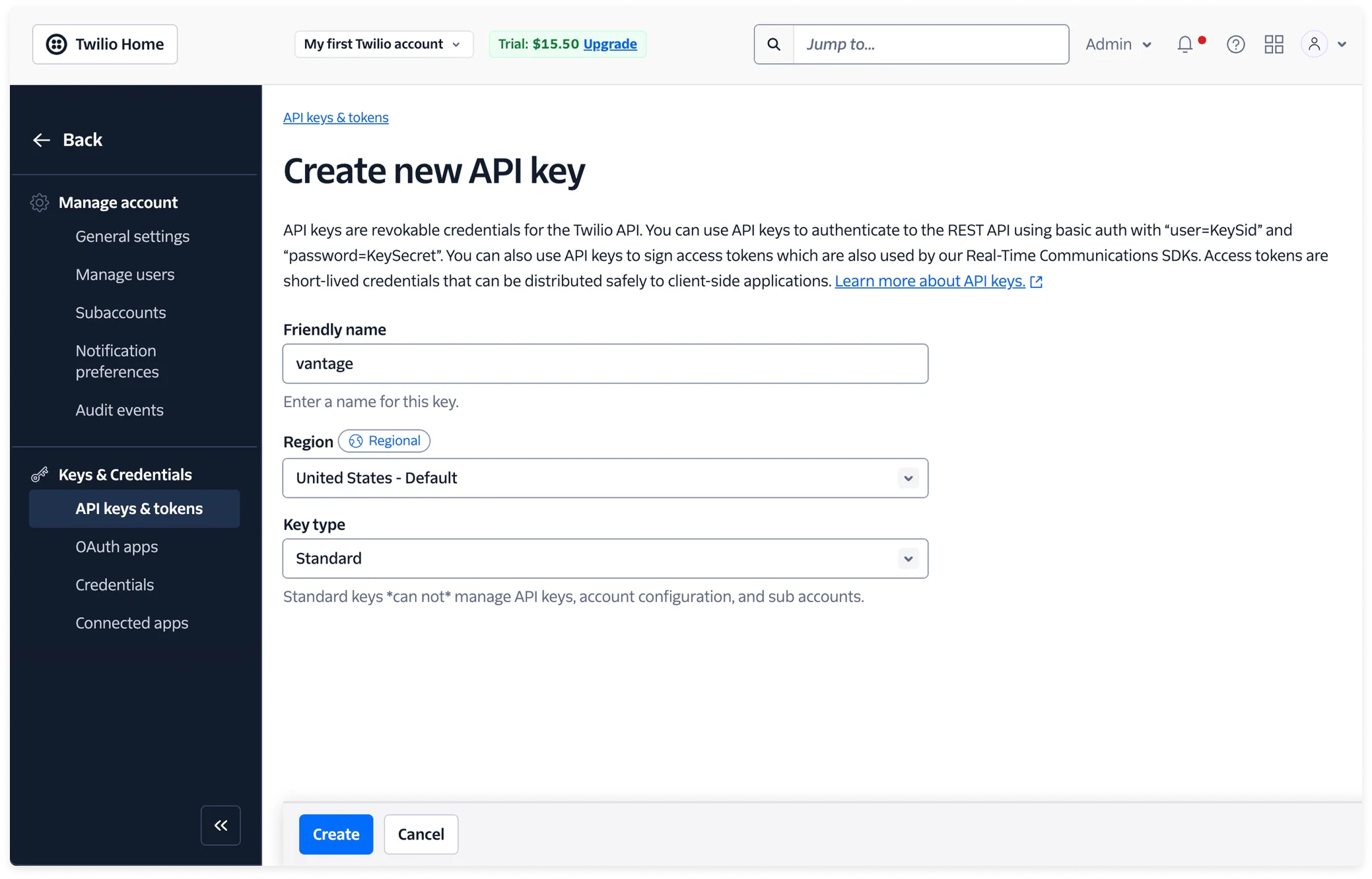 Twilio console New API screen