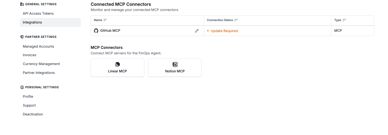 Settings > Integrations page as seen by an Organization Viewer, showing GitHub MCP as Update Required and Linear and Notion MCP as Not Connected