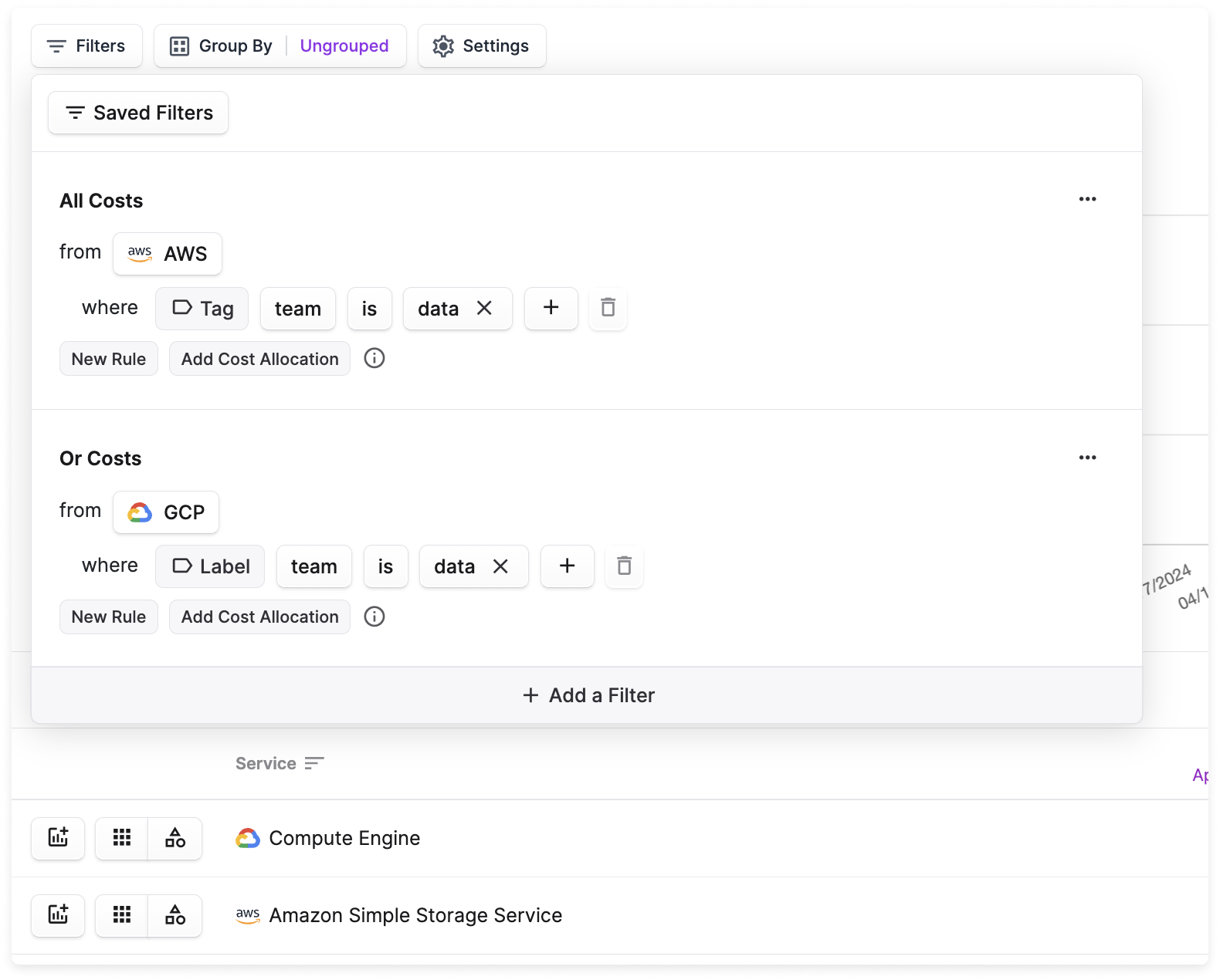 A Cost Report filter with two filters applied: one for AWS costs for the team/data tag and one for GCP costs with the same tag