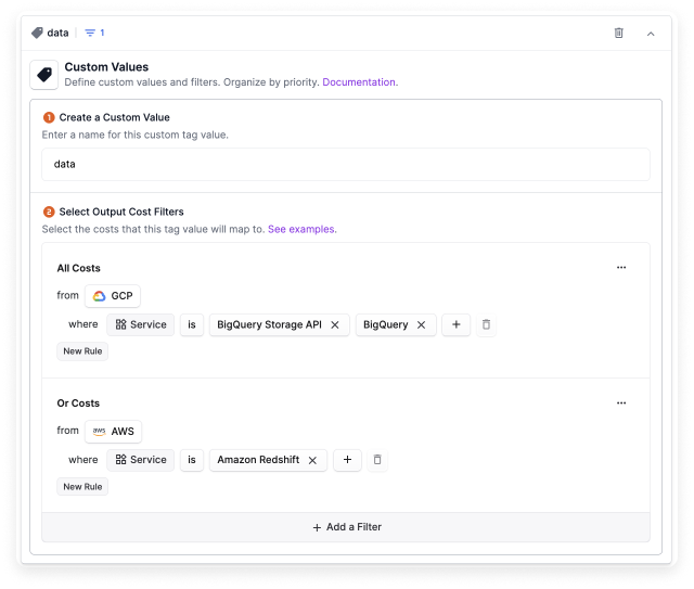 A sample Tag Value field for a value of data with filter for Service of BigQuery and Amazon Redshift